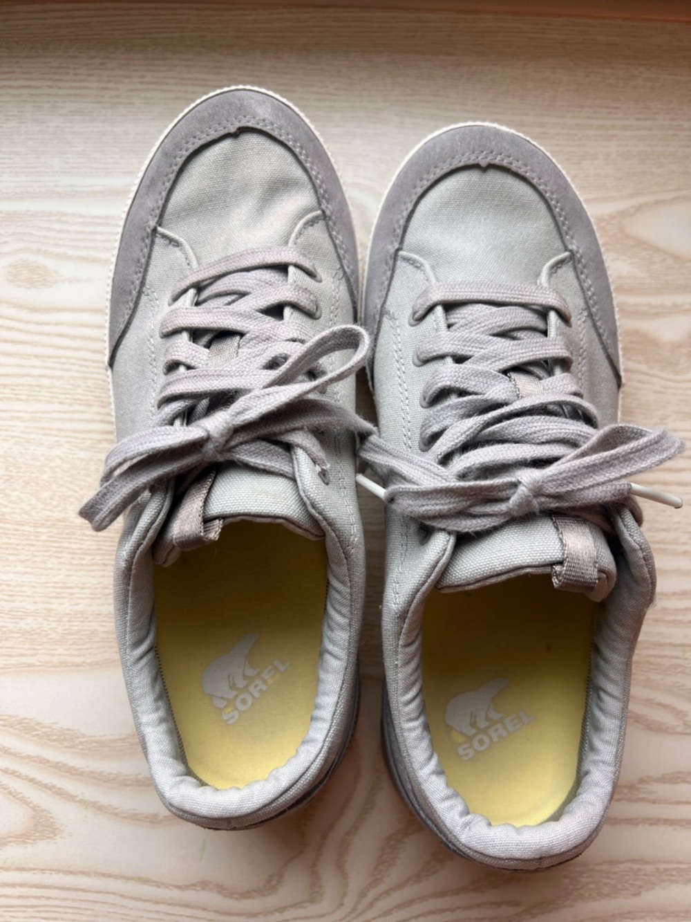 Sorel Light Grey Canvas Lace-Up Sneakers with Yellow Insole